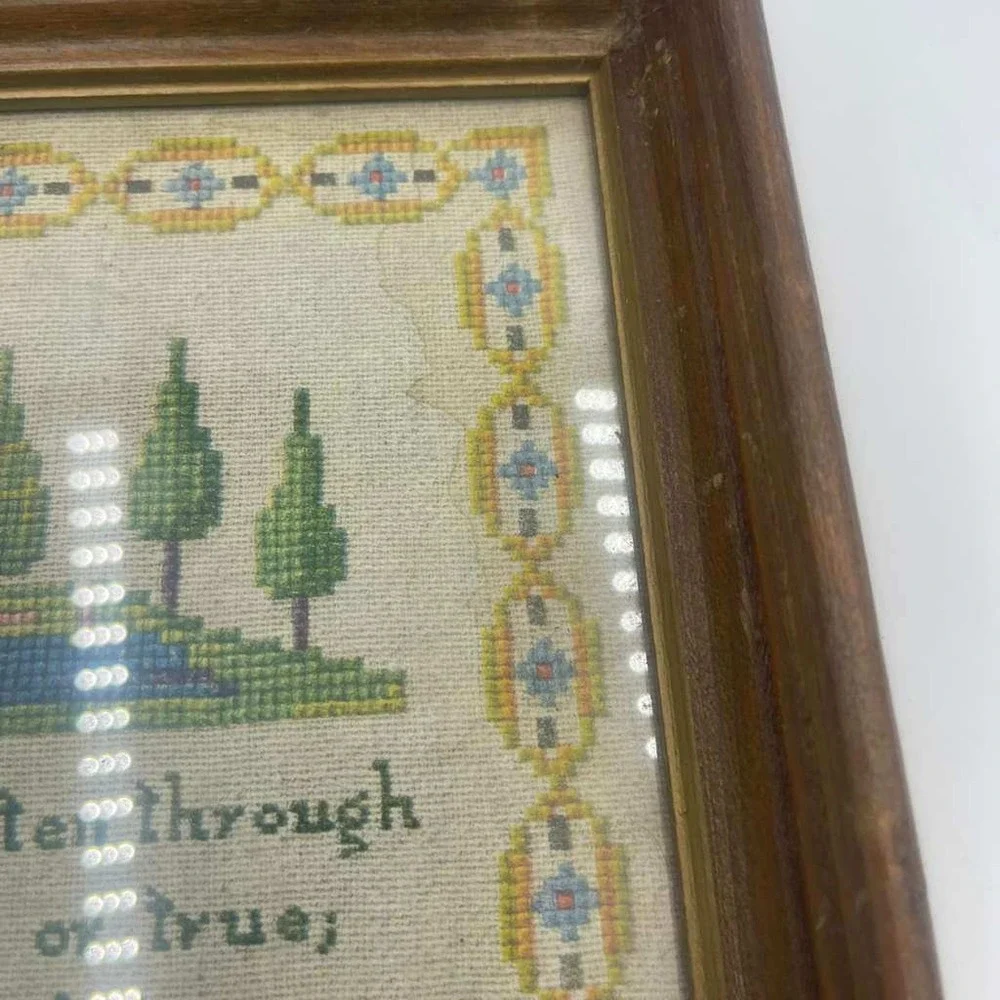 Vintage Framed Cross Stitch Sampler Poem Our‎ Lives Are MMW Wood Frame
